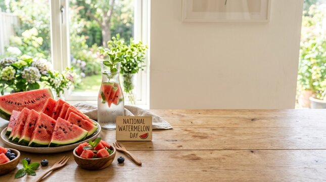 Fresh watermelon slices on a rustic wooden table with garden view