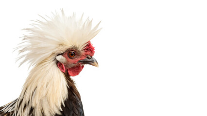 Close up portrait of a funny rooster chicken with fluffy white feathers isolated on transparent background © Arina
