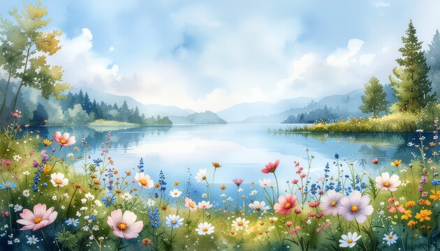 水彩タッチの湖畔と花畑の風景イラストシリーズ
Watercolor Lakeside Meadow Landscape Illustration Series