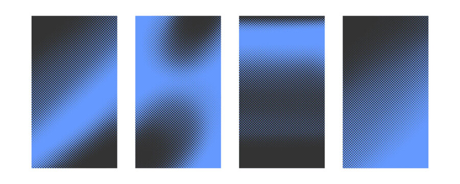 Creative collection of four abstract blue halftone overlay templates. Comprehensive retro comic screen printing dot gradient backdrop layouts, perfectly isolated for street art design packs.