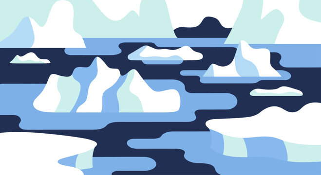 Icebergs floating on the ocean in a cold environment.