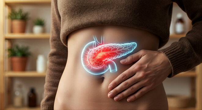 Pancreatic Health and Digestive System Concept with Glowing Pancreas Anatomy Overlay on Female Abdomen