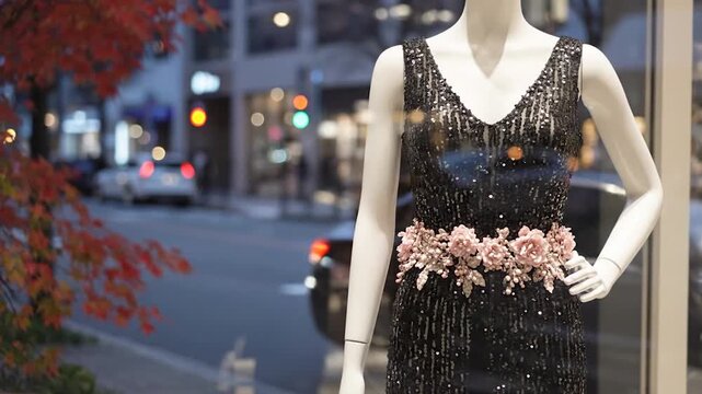 Mannequin wearing a black sequined evening dress with pink floral belt in a city shop window at dusk