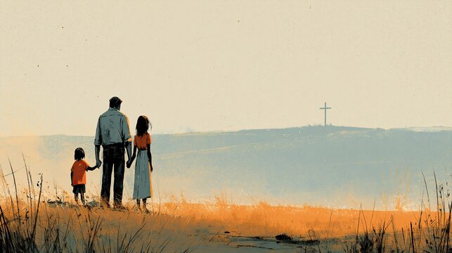 Christian Family Looking Toward Distant Cross