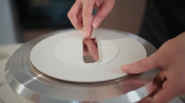 Person carefully spreads white chocolate on a rotating plate. The hands are steady, precise, and focused on the task. This clip captures the calm, detailed process of confectionery preparation