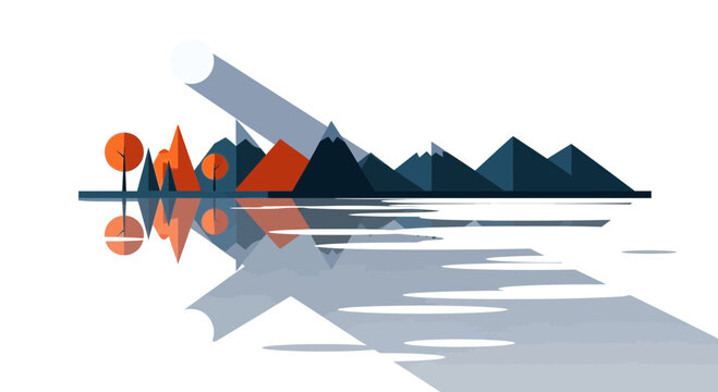 Geometric Mountain Landscape Reflection, Minimalist Nature Scene with Sunbeam