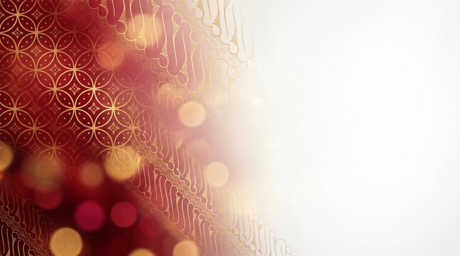 Abstract Deep Crimson Red to White Gradient Background with Elegant Golden Geometric Patterns Inspired by Traditional Indonesian Batik Heritage