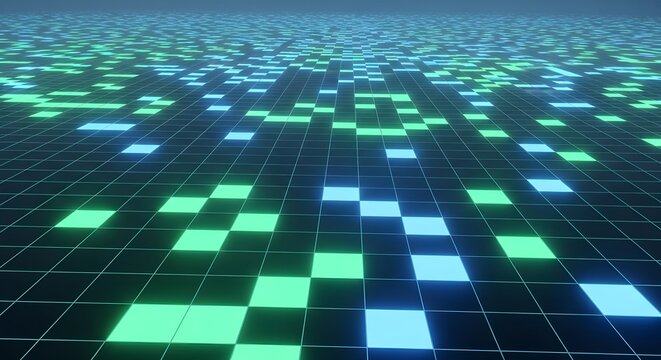 Digital grid pattern with glowing green and blue squares receding into distance.