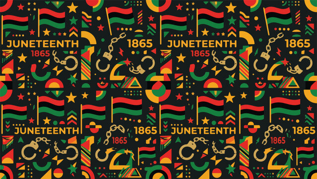Juneteenth seamless pattern background with flags and handcuffs vector
