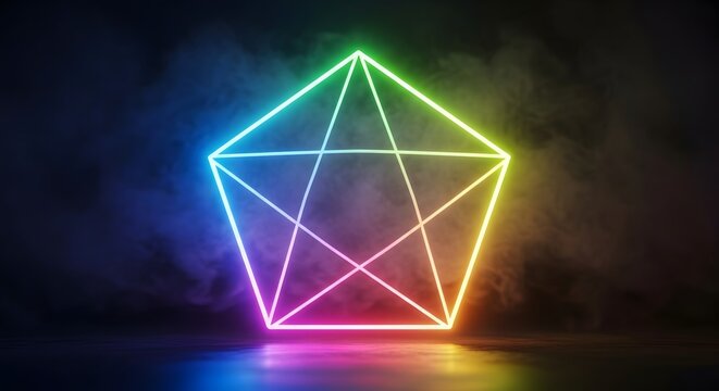 Luminous pentagon shape with colorful neon lights and smoke.