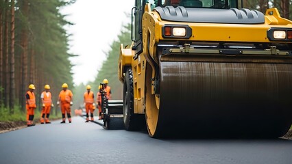 Obraz premium A yellow road roller compacts asphalt, construction workers observe in a forested environment