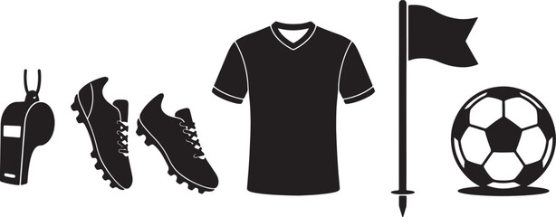 Collection of soccer equipment silhouettes including a whistle, cleats, jersey, corner flag, and a ball, isolated on a also transparent background © PixelSaga MH2 