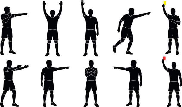 Collection of black silhouettes of soccer referees in various poses, signaling with cards, pointing, and blowing whistles also transparent background