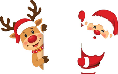 Fototapeta premium Santa claus and reindeer waving cheerfully
