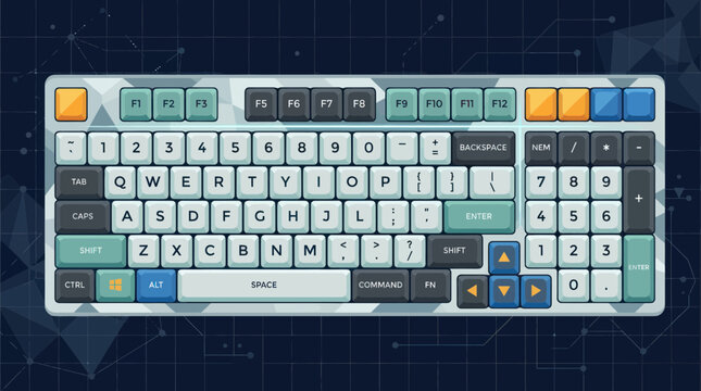 Modern Mechanical Keyboard with Camouflage Design and Blue Grid Background