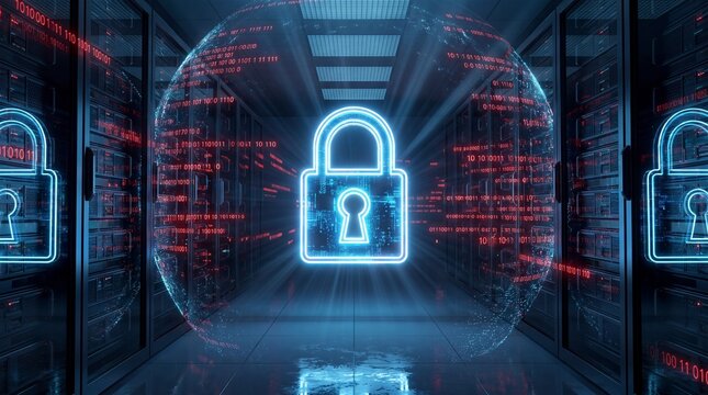 Cyber security concept with a glowing digital padlock icon inside a data center server room with binary code