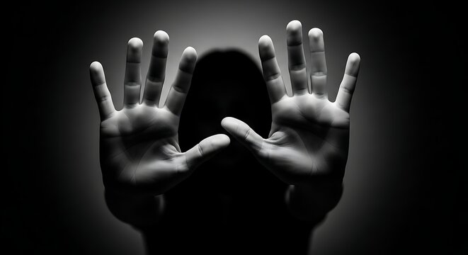 Silhouette of a Person Holding Two Hands Up in a Defensive Stop Gesture in Shadows