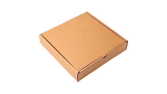 Closed brown cardboard pizza box packaging delivery container mockup view isolated on transparent background