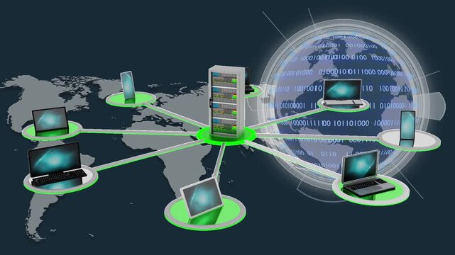 Server centrale attorno a cui ruotano dispositivi informatici: pc notebook, smartphone, tablet. Simboleggia la connessione globale nel mondo tra utenti della rete digitale internet. Linguaggio binario