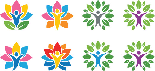 Fototapeta premium Abstract Wellness Logo Template Set with Colorful Lotus Flowers, Circular Green Leaves, and Human Figures for Holistic Health, Spa, and Yoga Branding