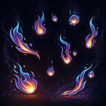 Colorful Magical Fireballs Floating in Dark Fantasy Night Sky