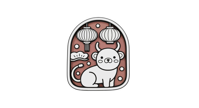 Chinese zodiac ox with decorative lanterns in framed layout