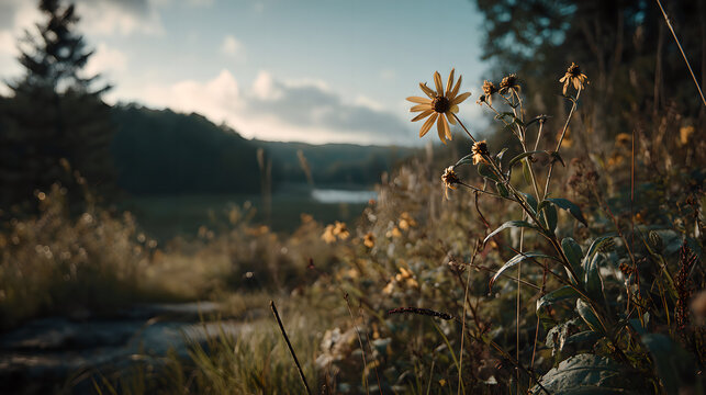 Sunflowers swaying in a field during golden hour, nature scene. gardening catalogs, home-decor guides, designed for home decor and floral branding and gardening and botanical catalogs.adulteration.