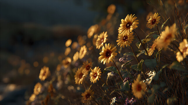 Sunflowers swaying in a field during golden hour, nature scene. gardening catalogs, home-decor guides, designed for home decor and floral branding and gardening and botanical catalogs.adulteration.