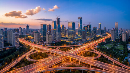 Fototapeta premium A view of a city skyline at dusk with a lot of traffic