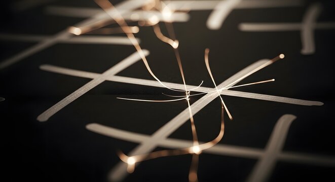 Abstract sparkly lines with white tic tac toe grid on black background dynamic energy flow movement and motion.
