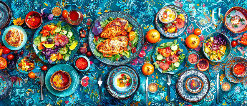 Vibrant table spread: colorful dishes, grilled chicken, fresh salads, fruits, and sauces on a rich teal patterned cloth, seen from above