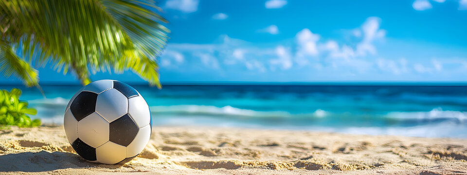 A football ball resting next to a palm tree on a sandy tropical shore with an ocean and blue sky represents a beach soccer vacation theme