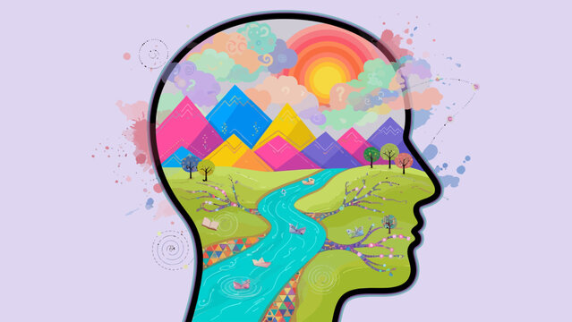Vector illustration of a human mind as a colorful landscape