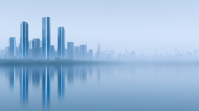 Futuristic city skyline with skyscraper reflections, modern architecture theme
