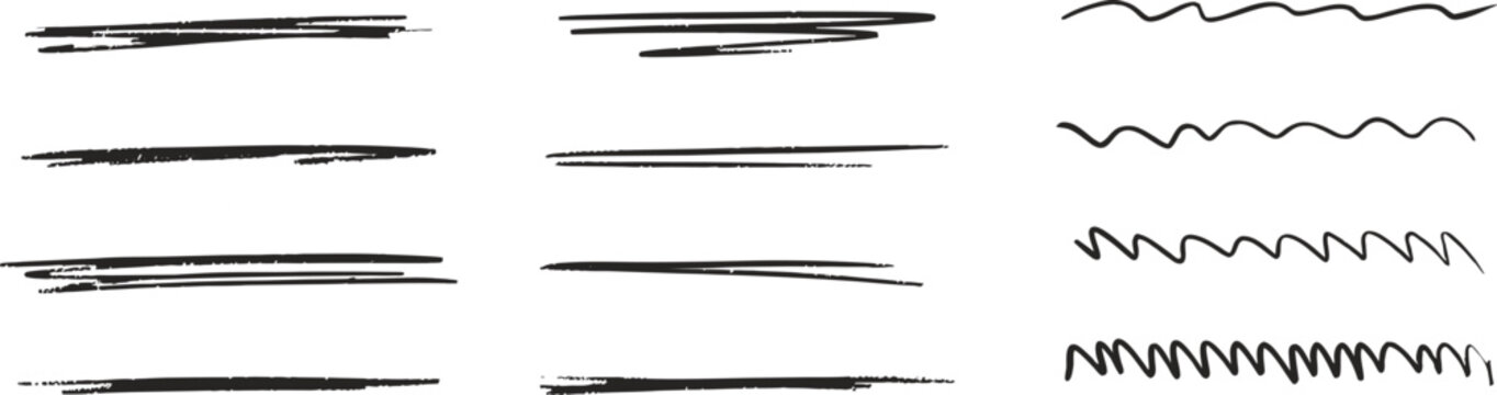 Hand drawn underline, scribble and highlight marker collection with sketch style accents. Creative annotation elements for notes and presentations. Minimal vector set for modern design projects.