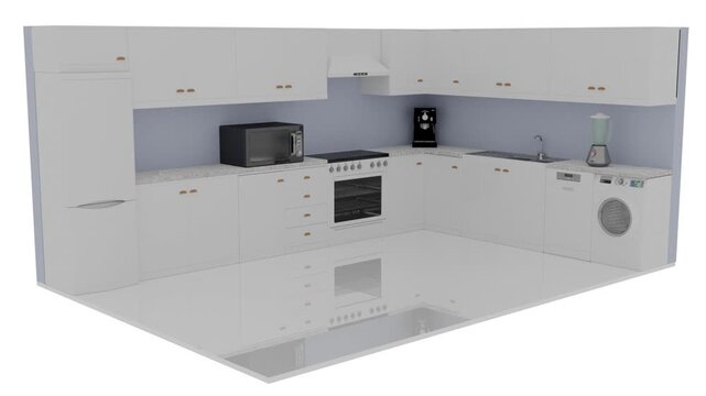 Filmato; Illustrazione 3D. Cucina componibile vista in 3D. elettrodomestici . La cucina si compone a partire da zero realizzando un progetto di arredamento. Elettrodomestici e mobiletti si aprono