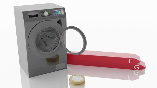Elettrodomestici. Lavatrice con simbolo di risparmio energetico. Sfondo bianco. Classificazione efficienza - Filmato. Illustrazione 3D
