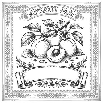 label design featuring apricots, branch leaves, ornate border, and blank ribbon for jam packaging sketch engraving generative ai raster illustration. Scratch board imitation. Black and white image.