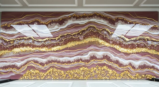 Large wall art panel with marbled effect in burgundy and gold tones.