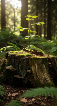 Young Green Sapling Growing on Mossy Tree Stump in Sunlit Forest