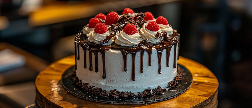 White frosted cake with luscious chocolate drip, adorned with fresh raspberries, whipped cream swirls, and chocolate shavings, presented on a rustic wooden stand