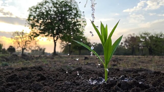 Watering a young green sapling in fertile soil with a watering can. Environmental conservation concept