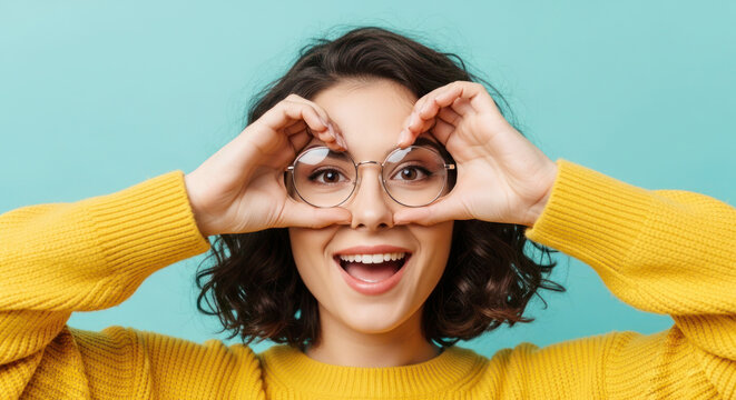 Young woman with curly hair wearing glasses makes heart shape with hands against a turquoise background, smiling and wearing a yellow sweater