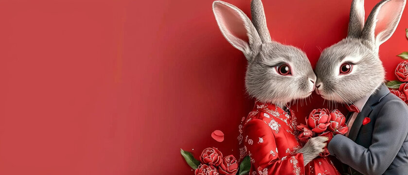 A dressed rabbit couple with red eyes, holding flowers, shares a tender moment against a vibrant red background