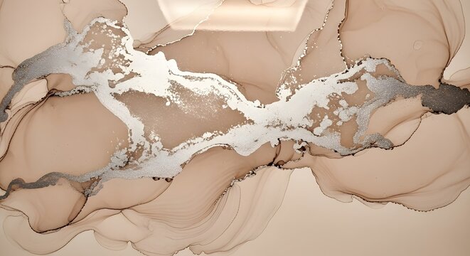 Neutral beige and brown alcohol ink art with silver leaf.