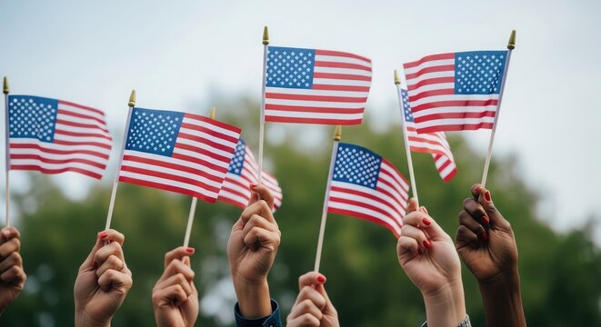 Celebrating independence day diverse hands waving american flags in patriotic display