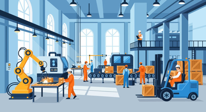 Modern factory with robotic arm, forklift, and workers on assembly line, industrial production.