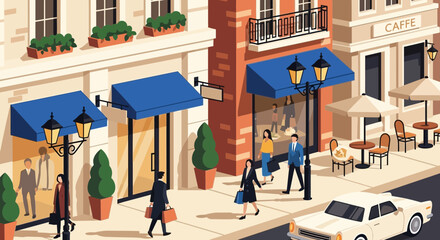Charming Street Scene with Shops, Cafe, and Pedestrians in a City © mawar
