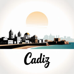 Cadiz Skyline Silhouette — A Historic Spanish Atlantic Harbor City Vector Illustration © Greener