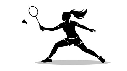 A minimalist flat vector silhouette illustration of a female badminton player in action. © MOCHRABBUL